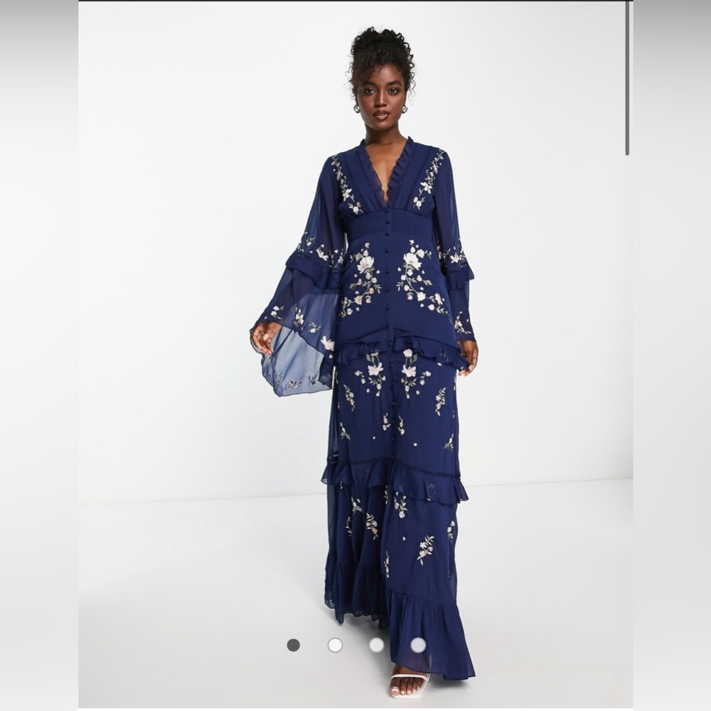 ASOS DESIGN tiered floral embroidered maxi dress in navy